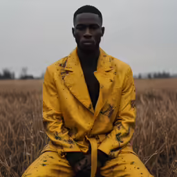 a man sitting in a field with some plants