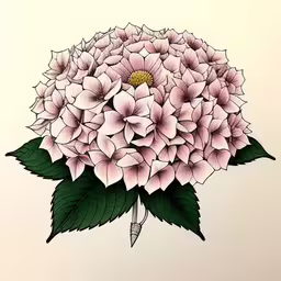 a drawing of a hydrant in flowers on a beige background,an illustration of a pink flower with green leaves