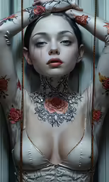 a beautiful woman with tattoos on her chest posing for the camera