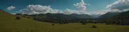 a green valley and some mountains under clouds
