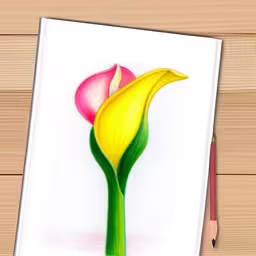 a drawing with colored pencils and an image of three flower,a colored drawing of two flowers on paper next to a pencil,a drawing of two colorful flowers, one pink and one yellow, in front of a white paper,a pencil drawing of two colorful flowers on paper,a drawing of a flower with an empty notepad
