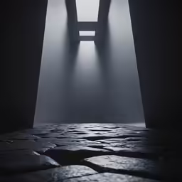 a dark photo shows a stone pathway in a darkened room