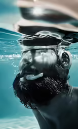 a man swimming in water next to a surfboard