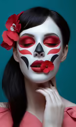 a woman wearing a red flower painted on her face