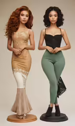 two models in green and white dresses