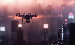 a large remote controlled hovering over a city