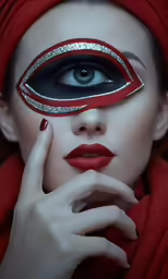 woman with large eyes wearing a red scarf and red lipstick