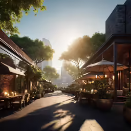 a row of buildings with trees and lit tables in front