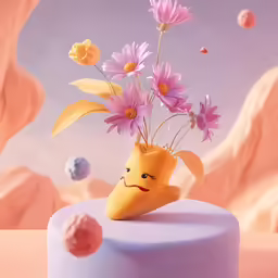 a smiley face wearing pink flowers in front of rocks