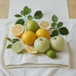 fresh citrus fruit arranged on a white towel