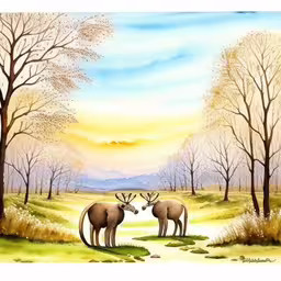 two large deer standing near each other next to trees