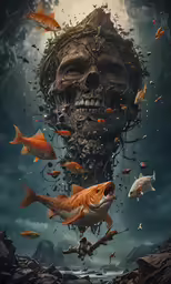 an art work featuring a skeleton surrounded by fish