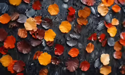 several different color leaves in the rain