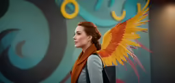 the woman is dressed in blue and white with orange wings