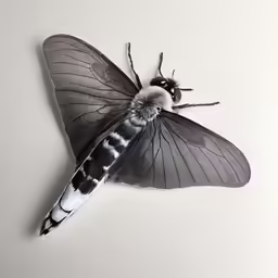 a black and white moth sitting on top of a table