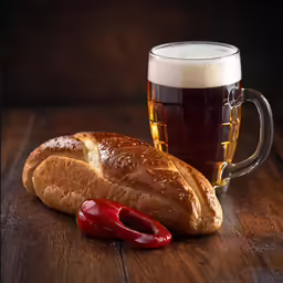 some bread with hot sauce on a table next to a mug of beer