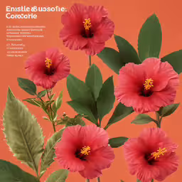 a pink flower with four petals in front of orange background,the words enstille & ugoffe cooraie on the front of an image of four hibis