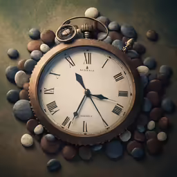 an old clock in the middle of several stones and boulders