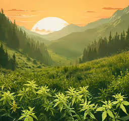 sun shining through the mountains above green hills,green field with plants in it and sunset