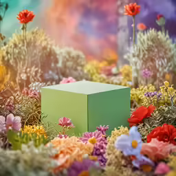 a green box sitting in the middle of a field of flowers