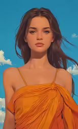 a painting of a woman with long brown hair