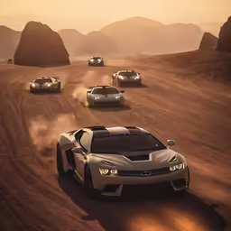 four supercars in race on the track in a desert