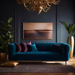 the couch is in front of a painting on the wall