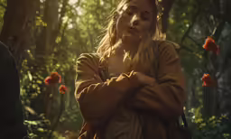 woman wearing brown leather jacket standing in forest