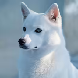 an adorable white dog is looking off to the right