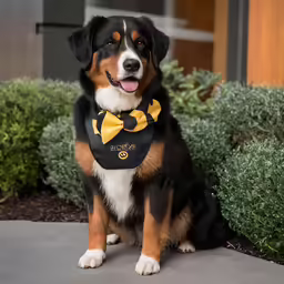 a dog with a bow tie and collar sitting on a stone floor