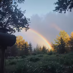a rainbow is seen in the distance, surrounded by trees