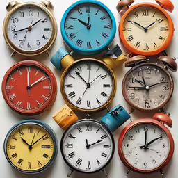 eight different clocks lined up in rows on top of each other