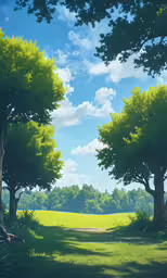 a painting of some trees and grass near one another