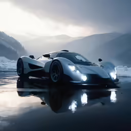 the white race car is sitting on the wet road