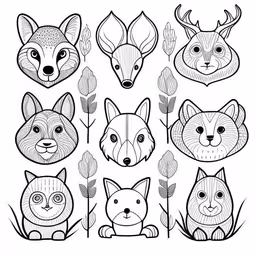 the heads of various animals drawn in a black and white style
