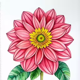 a watercolor drawing of a large flower on a white paper,pink flower drawn in colored pencils on paper,a watercolor drawing of a pink flower with green leaves,this is a drawing of a large pink flower,a drawing of a pink flower with green leaves