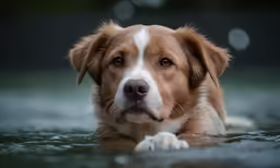 a dog sits in the water, looking straight ahead