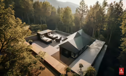 the house is surrounded by trees and woods