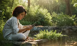 a woman sitting on a rock and looking at her cell phone,a woman sitting on a rock holding something in her hand