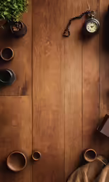 a small clock is on the table beside some coffee cups