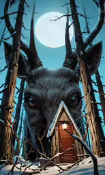 the image shows a painting of a wolf in a snowy forest with a hut