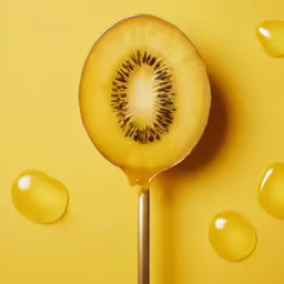 a kiwifruit on top of a yellow background with droplets of water