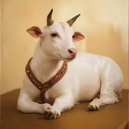 an adorable white bull with horns is wearing a harness