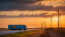 the blue truck is coming down the highway,an empty road next to a field and a bright sky