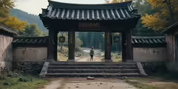 a woman walking in front of an oriental - looking structure