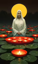 a woman in white sits on a lily field
