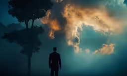 a man standing in front of some trees on a foggy day