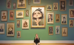 a woman is sitting in front of paintings of a woman