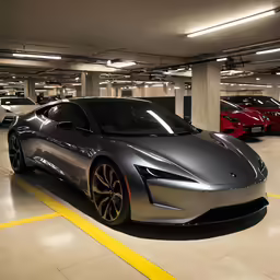 the sports car is parked inside of the parking garage