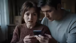man and woman looking at a smartphone while sitting down
